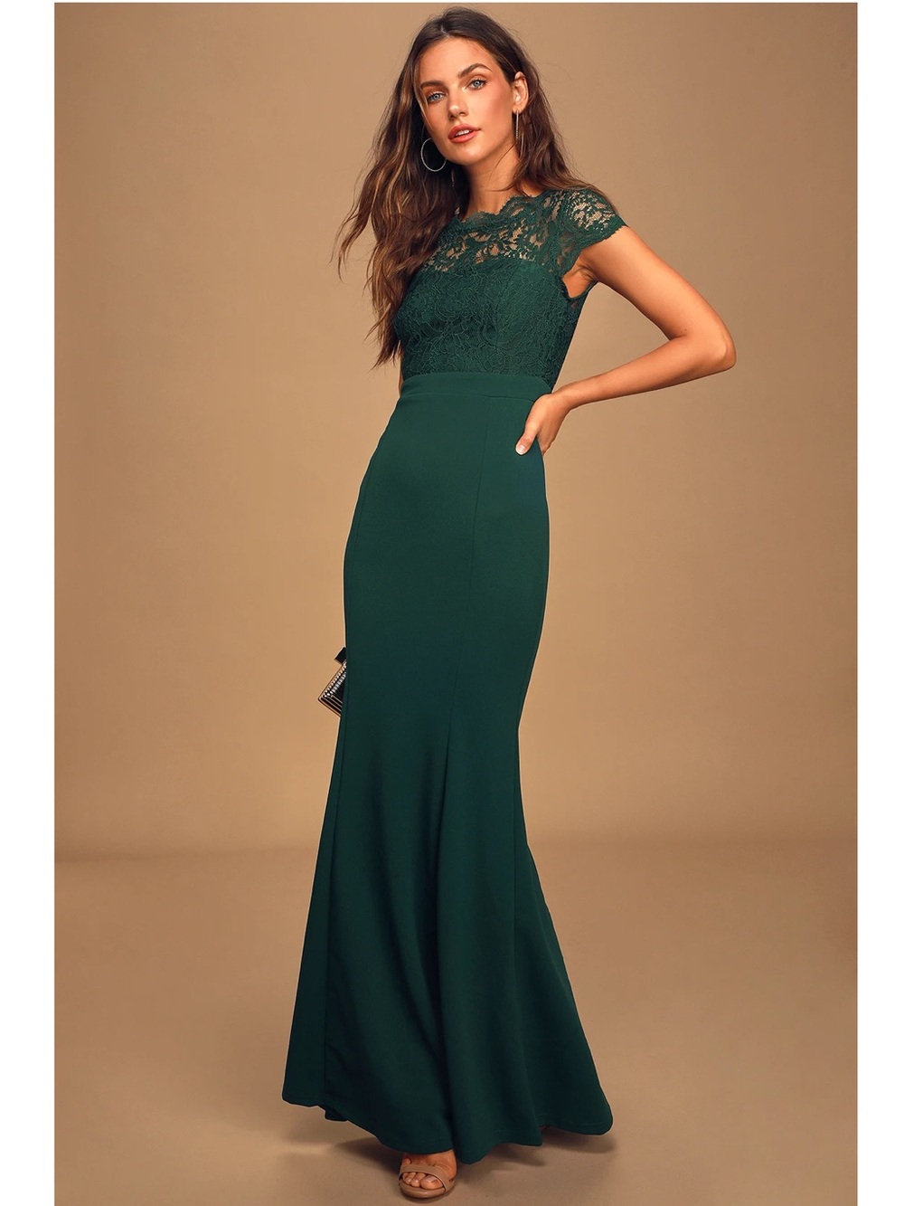 Lulus Hopeful Romantic Hunter Green Lace Bodice Crepe Knit Mermaid Maxi Dress S